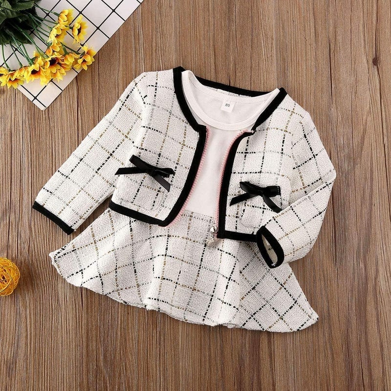 BOIZONTY Toddler Kids Baby Girls Plaid Skirt Set Cardigan Jacket Coat + Tutu Dress Set Long Sleeve Outfits Fall Outfit Set (Zip Up White, 2-3 Years) - Image 2